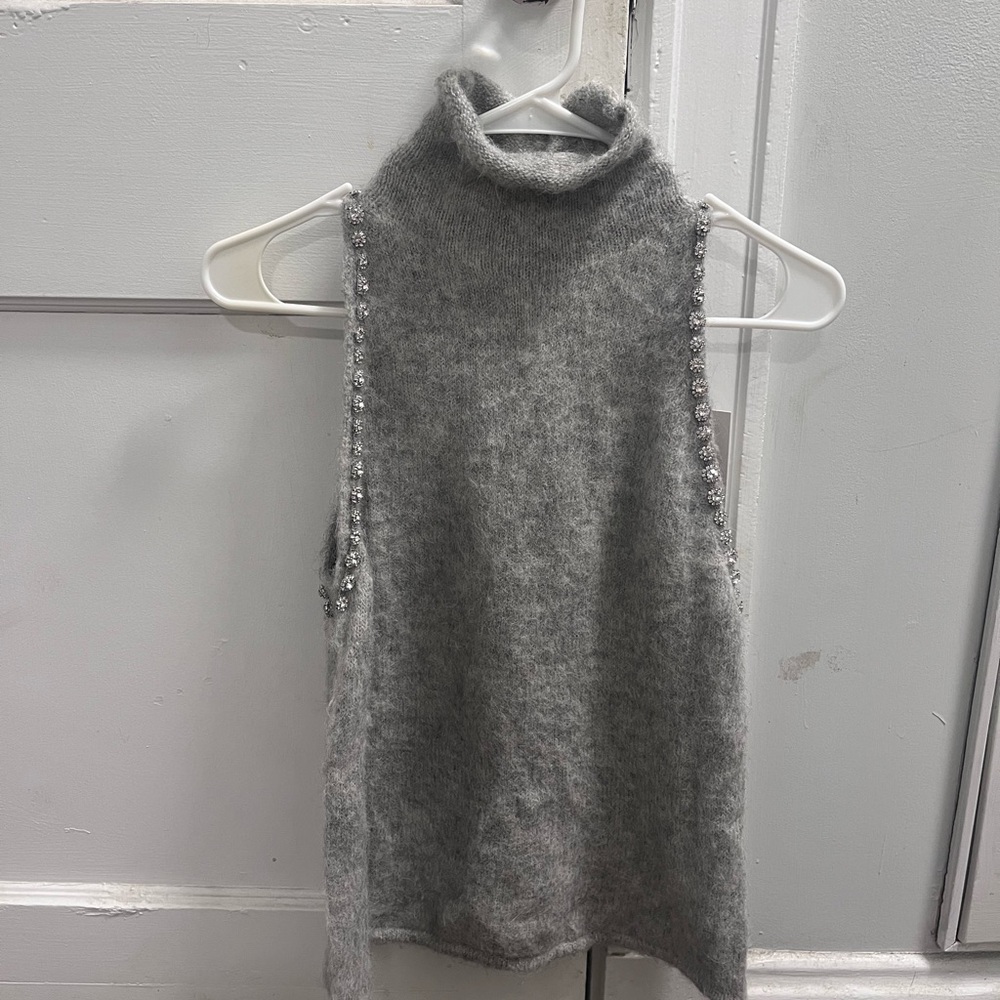 Zara Gray Sleeveless Turtleneck Sweater with Rhinestones
